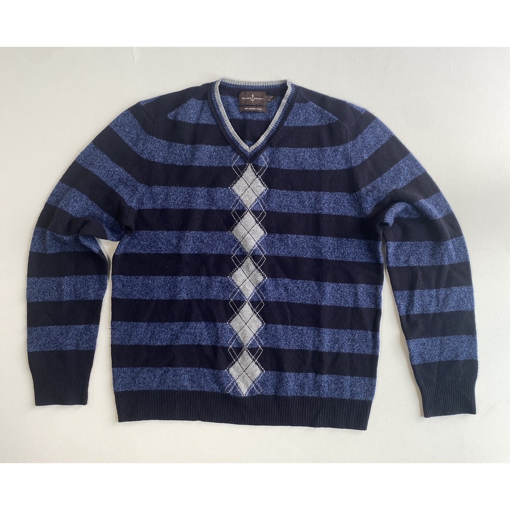 Black Brown 1826 Sweater Mens Medium Blue Merino Wool Pullover Striped Argyle